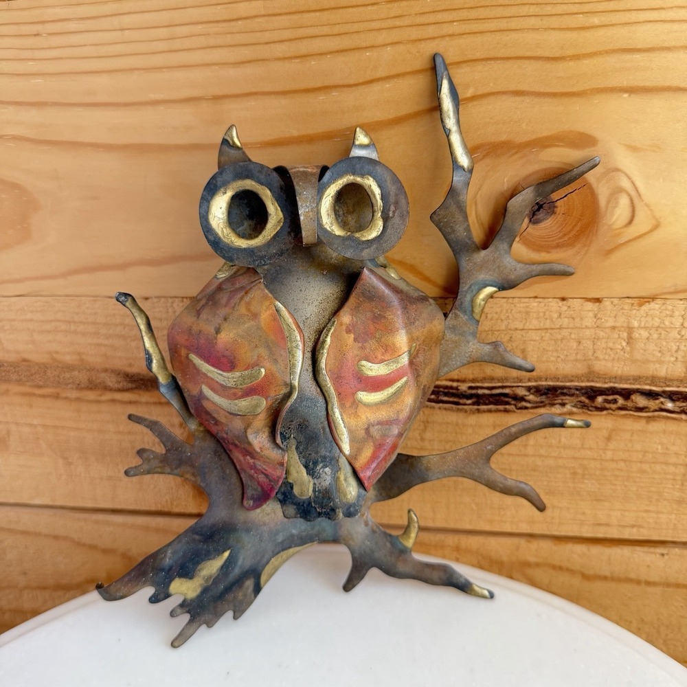 Vintage‎ MCM Jere Style Brutalist Owl 3D Wall Art Brass Copper Metal 70s